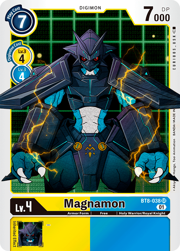 3_fingers ambiguous_gender animal_humanoid armor bandai_namco black_armor blue_body card_game claws digimon digimon_(species) digimon_card digimon_card_game dragon dragon_humanoid electricity english_text fingers gaming humanoid looking_at_viewer magnamon magnamon_(black) mask muscular red_eyes sketchworksu_(artist) solo text trading_card trading_card_template white_body