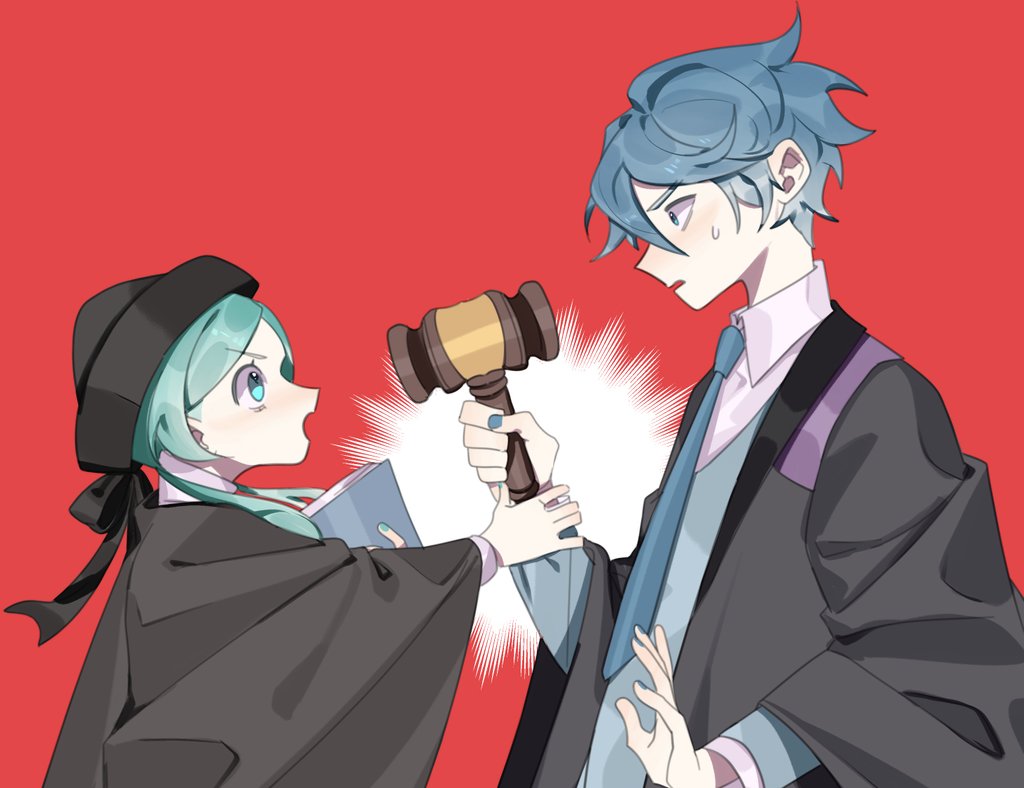 1boy 1girl akutoku_no_judgement_(vocaloid) aqua_eyes aqua_hair aqua_nails black_coat black_headwear blue_eyes blue_hair blue_necktie book cloche_hat coat collared_shirt evillious_nendaiki eye_contact gallerian_marlon gavel hammer hat hatsune_miku height_difference holding holding_another's_wrist holding_book holding_hammer holding_mallet judge kaimiku_yummy kaito_(vocaloid) looking_at_another low_twintails mallet messy_hair necktie open_mouth pale_skin red_background ren'ai_saiban_(vocaloid) shirt songover surprised sweatdrop swept_bangs twintails vocaloid