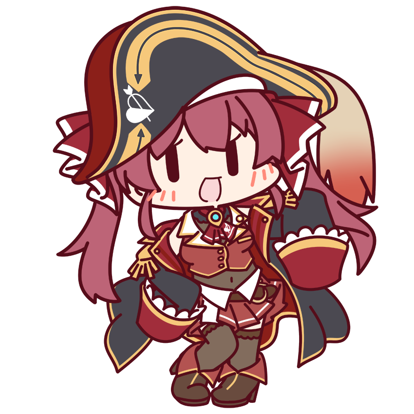 1girl :d ascot bare_shoulders bicorne boots brown_footwear chibi contrapposto fold-over_boots full_body hair_ribbon hat hololive houshou_marine leotard leotard_under_clothes looking_at_viewer navel official_art pirate pirate_hat red_ascot red_hair red_ribbon red_vest ribbon see-through see-through_leotard sleeve_cuffs sleeveless sleeveless_jacket sleeves_past_fingers sleeves_past_wrists smile solo transparent_background twintails vest virtual_youtuber |_|
