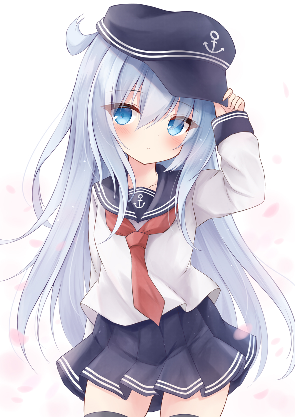 1girl adjusting_clothes adjusting_headwear anchor_symbol arm_up black_thighhighs blue_eyes blue_hair blue_headwear blue_sailor_collar blue_shirt blue_skirt blush closed_mouth collarbone commentary cowboy_shot cowlick eyes_visible_through_hair hair_between_eyes hat hibiki_(kancolle) highres kantai_collection long_hair long_sleeves looking_at_viewer mochizuki_riku necktie peaked_cap pleated_skirt red_necktie sailor_collar sailor_shirt school_uniform serafuku shirt sidelocks skirt sleeves_past_wrists solo thighhighs white_shirt zettai_ryouiki