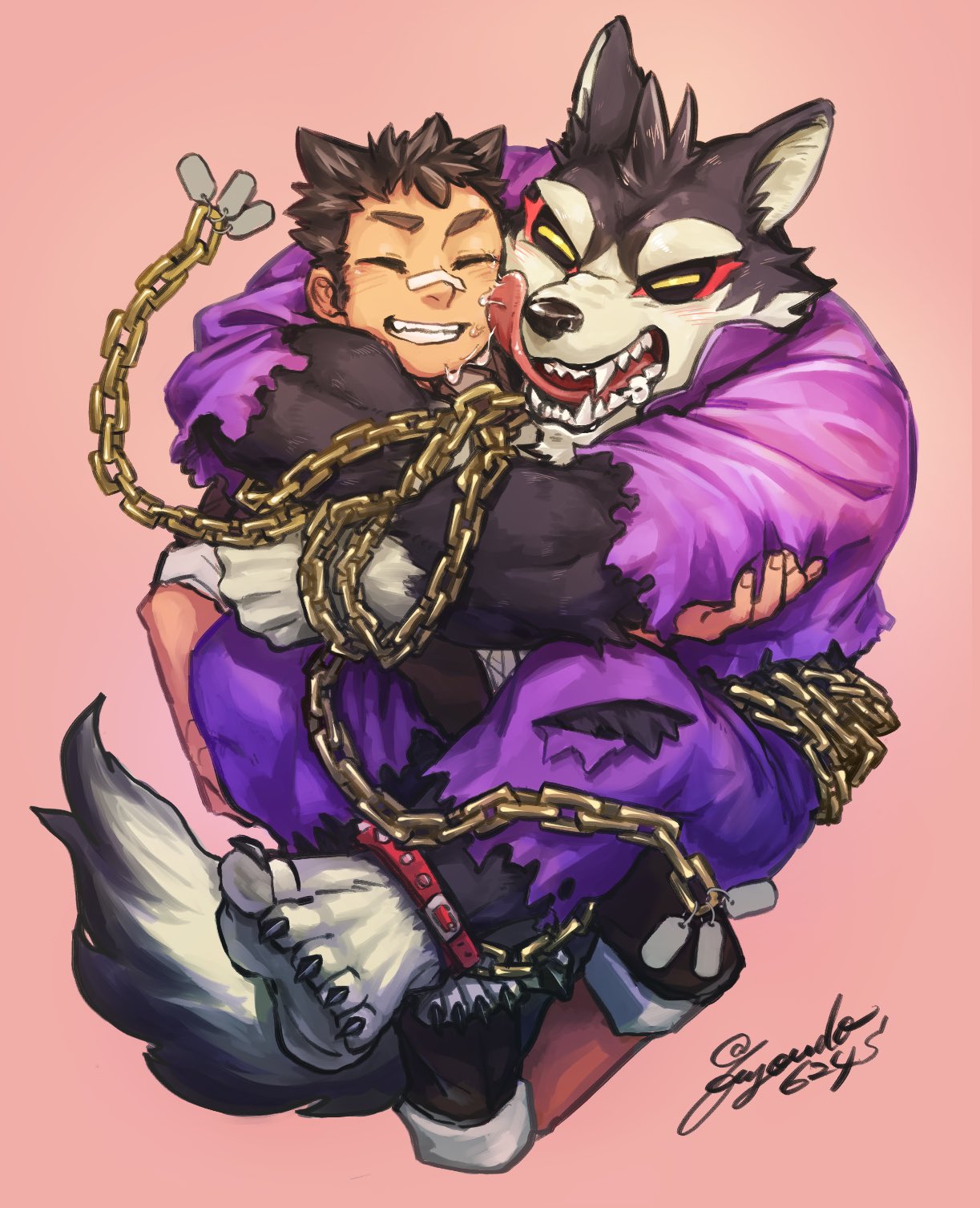 2boys animal_collar animal_ears bandaid bandaid_on_face bandaid_on_nose black_fur black_nails brown_hair chain closed_eyes collar commentary_request cropped_legs dog_boy dog_ears dog_tags dog_tail furry furry_male fuyodo gakuran garmr_(housamo) grin highres hug jacket licking licking_another's_face long_sideburns male_focus multiple_boys muscular muscular_male open_mouth pants pants_rolled_up pink_background protagonist_1_(housamo) purple_jacket school_uniform short_hair sideburns signature simple_background sleeves_rolled_up smile tail thick_eyebrows tokyo_afterschool_summoners tongue tongue_out torn_clothes two-tone_fur yellow_fur