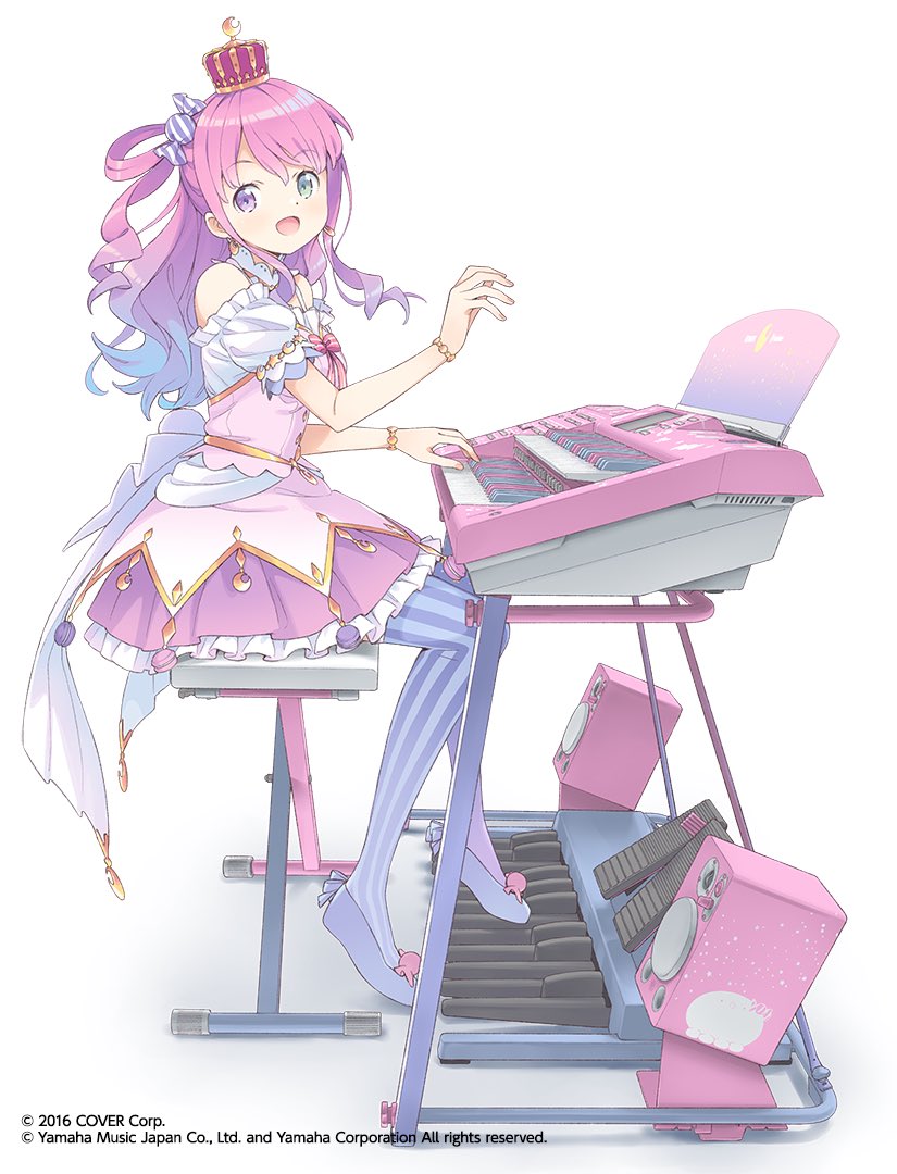 1girl blue_hair bracelet breasts candy_hair_ornament commentary_request copyright crown dress food-themed_hair_ornament from_side gradient_hair green_eyes hair_ornament heterochromia himemori_luna himemori_luna_(1st_costume) hololive instrument jewelry kanzaki_hiro keyboard_(instrument) looking_at_viewer medium_breasts mini_crown multicolored_hair official_art one_side_up pedal_(instrument) pink_dress pink_hair purple_eyes solo speaker striped striped_thighhighs thighhighs vertical-striped_thighhighs vertical_stripes virtual_youtuber