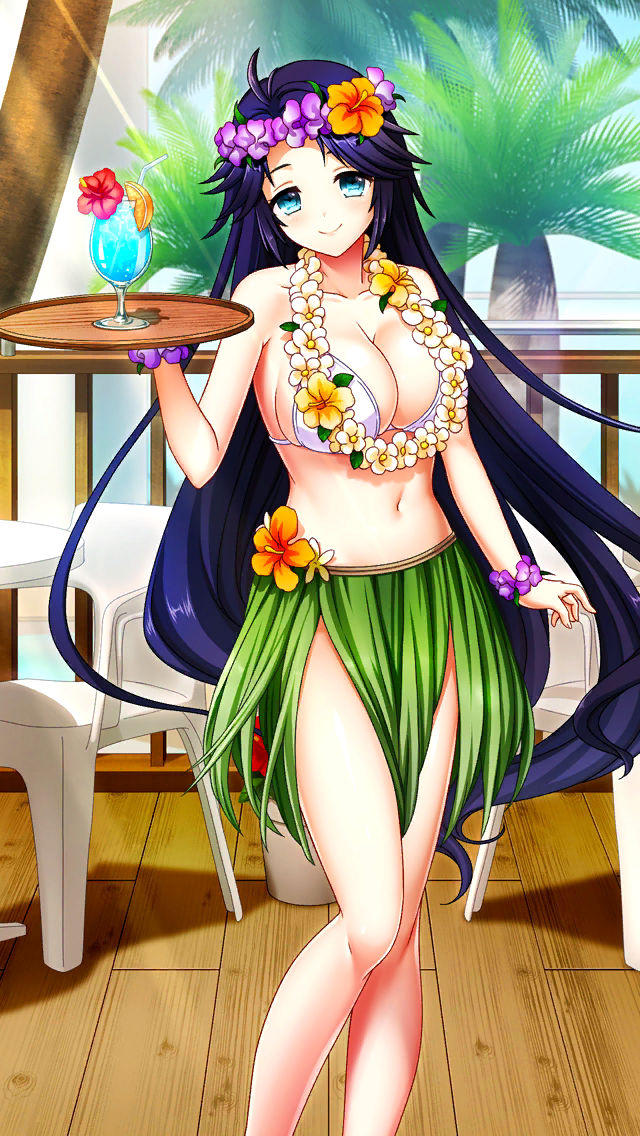 1girl bare_arms bare_legs bikini blue_hair breasts cleavage closed_mouth collarbone day doukyuusei_another_world floating_hair flower game_cg green_eyes hair_flower hair_ornament hibiscus holding holding_plate koiwai_akari large_breasts long_hair looking_at_viewer navel outdoors palm_tree plate purple_flower red_flower sideboob smile solo standing sunlight swimsuit tree very_long_hair white_bikini yellow_flower