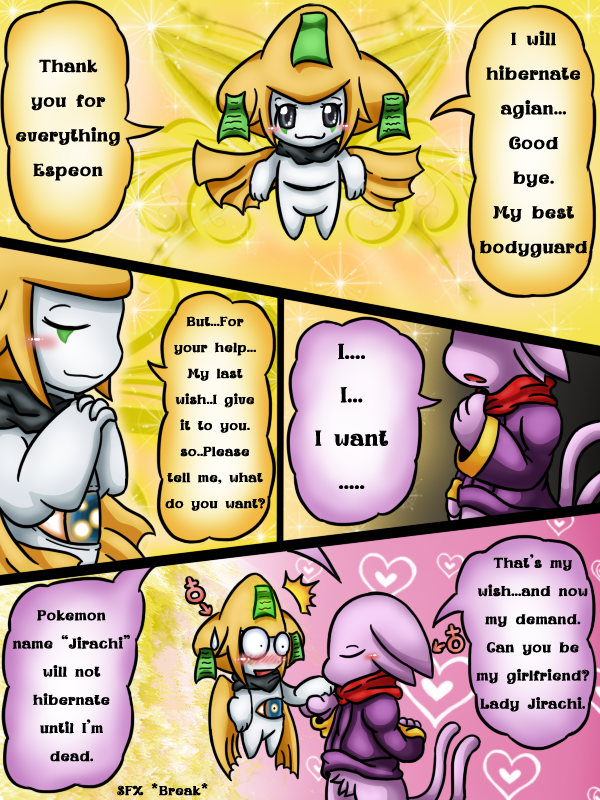 &lt;3 2012 3rd_eye ambiguous_gender anthro black_scarf clothing comic dark_eyes duo eeveelution english_text espeon gender_symbol generation_2_pokemon generation_3_pokemon gold_background grey_eyes hand_holding intersex_symbol jirachi kissing_hand legendary_pokemon levitation nintendo pink_background pokemon pokemon_(species) proposal purple_clothing purple_shirt purple_topwear red_scarf scarf shirt simple_background symbol text topwear vavacung wish wish_tag