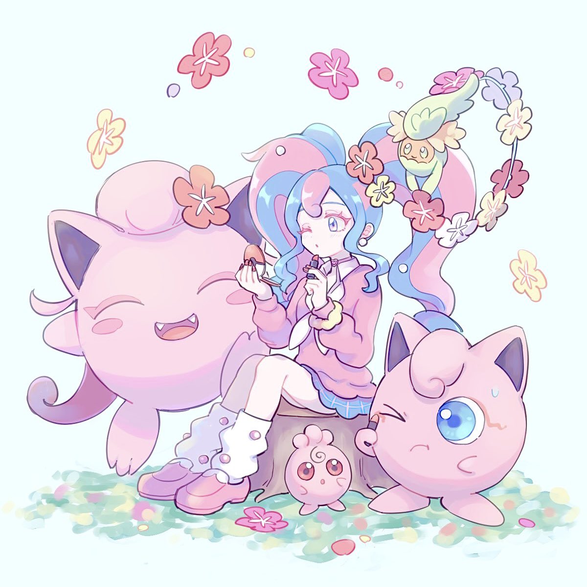 1girl blue_skirt cardigan choker comfey fairy_miku_(project_voltage) flower hair_flower hair_ornament hatsune_miku heart heart_choker highres igglybuff jigglypuff leg_warmers lipstick long_hair makeup multicolored_hair nail_polish one_eye_closed pink_cardigan pink_footwear pink_nails pokemon pokemon_(creature) project_voltage scream_tail scrunchie sitting_on_tree_stump skirt twintails two-tone_hair very_long_hair vocaloid wrist_scrunchie yumenosippo