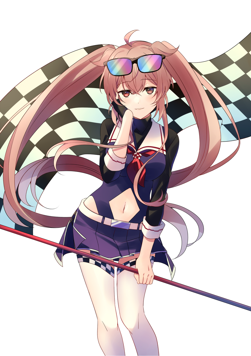 1girl adapted_costume ahoge blue_skirt blush brown_eyes commentary eyewear_on_head feet_out_of_frame flag hair_between_eyes heterochromia highres holding holding_flag kantai_collection light_brown_hair long_hair looking_at_viewer murasame_(kancolle) murasame_kai_ni_(kancolle) navel pleated_skirt race_queen red_eyes simple_background skirt smile solo sunglasses thighhighs twintails white_background white_thighhighs yukichi_(eikichi)
