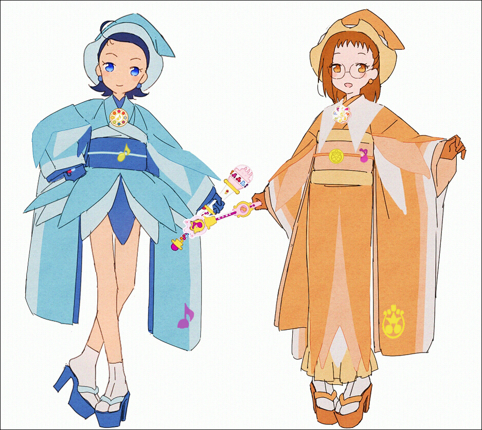 2girls :d adapted_costume ahoge alternate_costume blue_eyes blue_footwear blue_gloves blue_hair blue_headwear blue_kimono brown_eyes brown_hair closed_mouth commentary_request earrings fujiwara_hazuki full_body glasses gloves hakusai_(tiahszld) hat holding holding_wand japanese_clothes jewelry kimono long_hair long_sleeves looking_at_viewer multiple_girls ojamajo_doremi open_mouth orange_kimono platform_footwear round_eyewear sandals senoo_aiko short_hair short_kimono simple_background smile socks standing tabi wand white_background white_socks wide_sleeves witch_hat