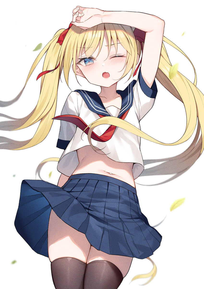 1girl ;o alexmaster arm_up blonde_hair blue_eyes blue_sailor_collar blue_skirt blush bow brown_thighhighs collarbone commentary_request fang hair_bow highres long_hair looking_at_viewer navel necktie one_eye_closed open_mouth original pleated_skirt puffy_short_sleeves puffy_sleeves red_bow red_necktie sailor_collar school_uniform serafuku shirt short_sleeves simple_background skirt solo stomach thighhighs twintails very_long_hair white_background white_shirt