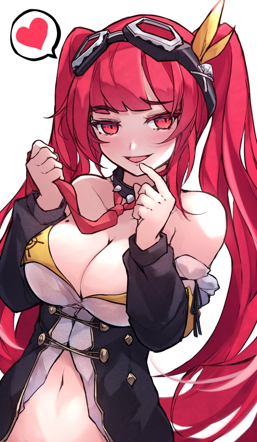 1girl :d bare_shoulders breasts chiroru_(cheese-roll) cleavage commentary goggles goggles_on_head hair_ornament heart highres large_breasts long_hair looking_at_viewer mole mole_on_breast navel necktie open_mouth red_hair red_necktie shadowverse skull_hair_ornament smile solo spoken_heart tidal_gunner_(shadowverse) twintails upper_body