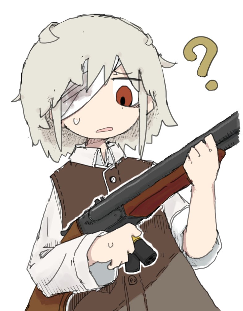 1girl ? bags_under_eyes bandage_over_one_eye brown_dress bullet collared_shirt confused double-barreled_shotgun dress frown furrowed_brow grey_hair gun holding holding_bullet holding_gun holding_weapon looking_at_object looking_down one_eye_covered open_mouth original red_eyes reloading shirt short_hair shotgun shotgun_shell sidelocks simple_background sleeve_rolled_up sleeveless sleeveless_dress solo sweatdrop torosakana upper_body weapon white_background