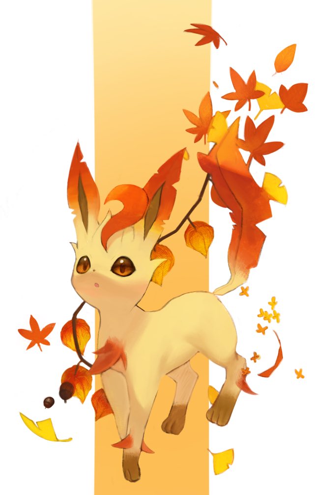 :o autumn_leaves brown_background brown_eyes full_body horezai leaf leafeon looking_at_viewer no_humans pokemon solo standing white_background