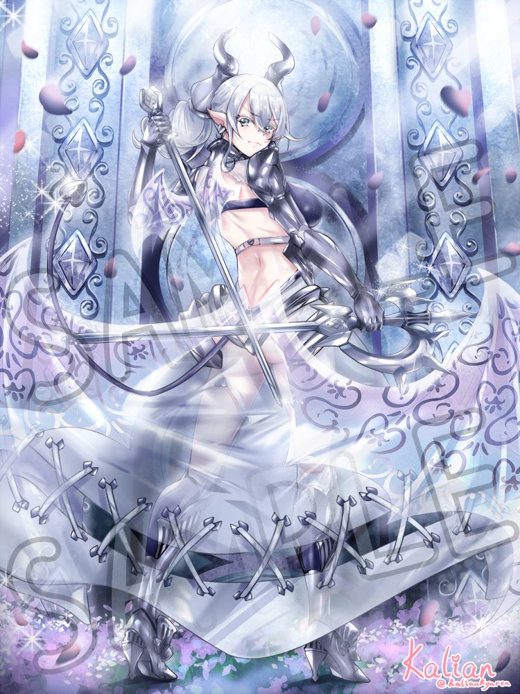 1girl armored_boots ass back boots breasts dual_wielding earrings grey_eyes high_heels holding holding_weapon horns jewelry kalian lady_labrynth_of_the_silver_castle large_breasts lovely_labrynth_of_the_silver_castle pointy_ears see-through tail weapon yu-gi-oh!