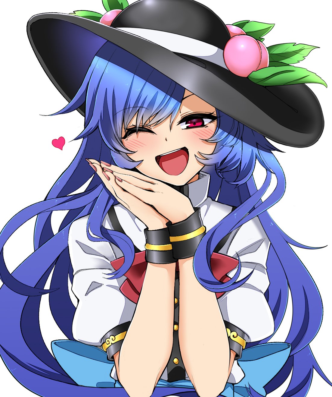 1girl aqua_bow black_headwear black_wrist_cuffs blue_hair blush bow bowtie collared_shirt food fruit hat hat_ribbon heart highres hinanawi_tenshi long_hair one_eye_closed open_mouth own_hands_together peach peach_hat_ornament pink_nails puffy_short_sleeves puffy_sleeves red_bow red_bowtie red_eyes ribbon rihito_(usazukin) shirt short_sleeves simple_background solo teeth tongue touhou upper_body upper_teeth_only waist_bow white_background white_ribbon white_shirt