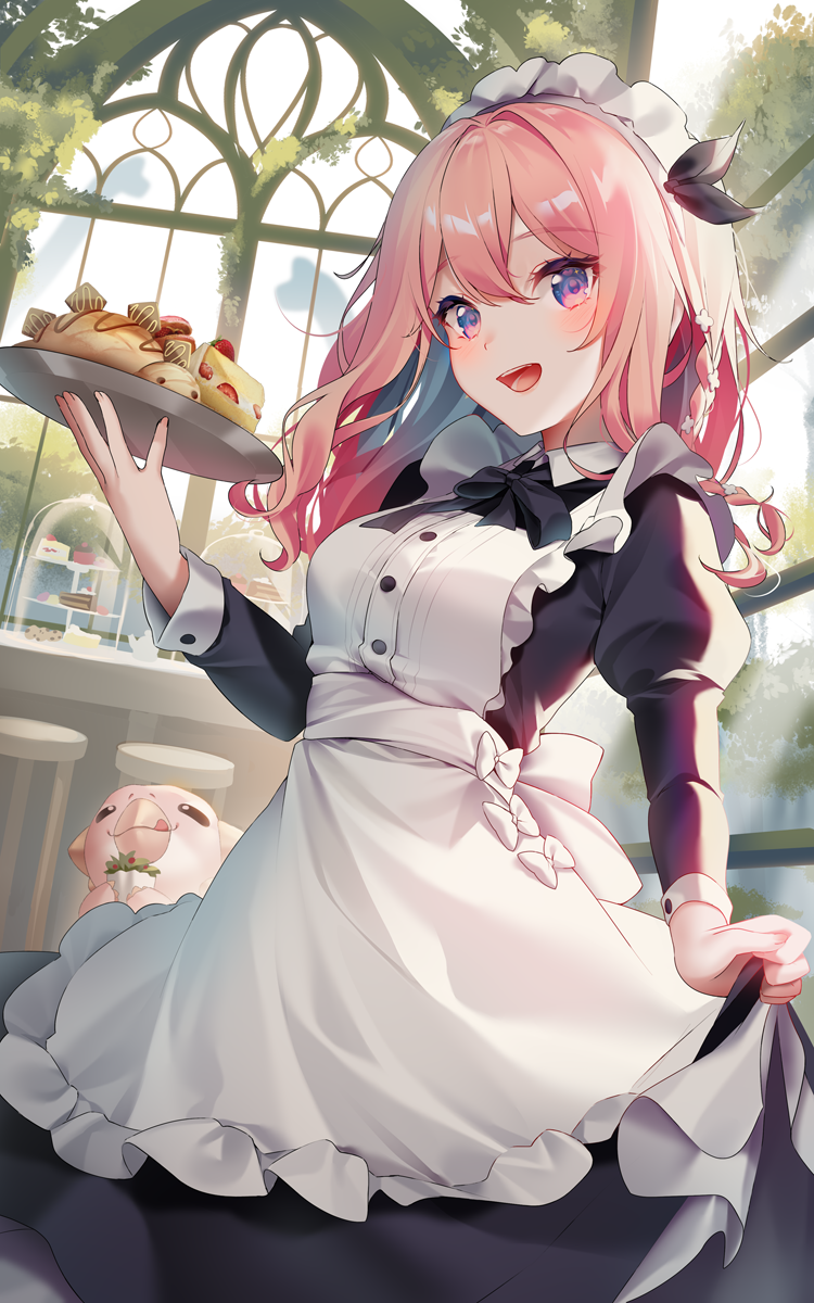 1girl :d apron black_bow black_dress blue_hair bow braid cake cake_slice collared_dress commentary_request dress flower food fruit hair_flower hair_ornament highres holding holding_tray indoors juliet_sleeves long_sleeves maid maid_headdress original pink_hair puffy_sleeves purple_eyes rimuu skirt_hold smile solo strawberry tiered_tray tray white_apron white_flower window