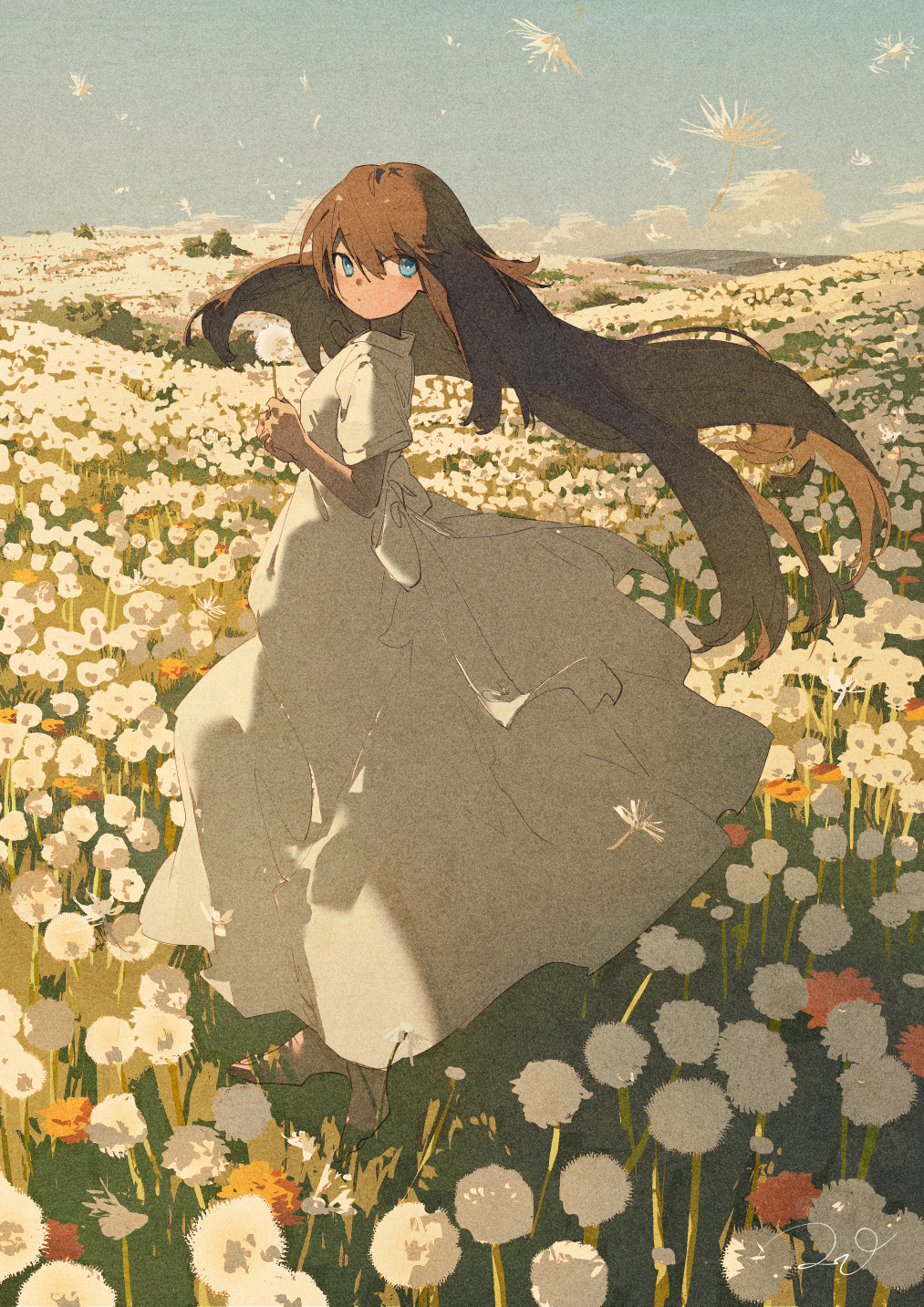 1girl back_bow barefoot blue_eyes blue_sky bow breasts brown_hair closed_mouth cloud cloudy_sky daisy day dress expressionless field floating_hair flower flower_field full_body grass hair_between_eyes highres hill holding holding_flower landscape long_hair looking_to_the_side meadow medium_breasts nature on_grass on_ground original outdoors potg_(piotegu) rural scenery sepia short_sleeves sidelocks sky solo standing tree white_dress white_flower wind