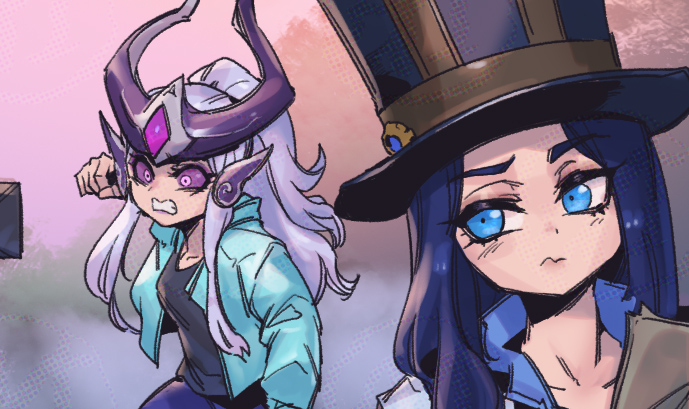 2girls alternate_costume angry black_hair black_headwear black_shirt blue_eyes brown_headwear brown_jacket caitlyn_(league_of_legends) clenched_hand clenched_teeth collarbone colored_sclera fake_elf_ears grey_jacket hand_up hat jacket league_of_legends long_hair long_sleeves multicolored_background multiple_girls open_clothes open_jacket pants phantom_ix_row pink_sclera pointy_ears ponytail shirt syndra teeth top_hat wavy_mouth