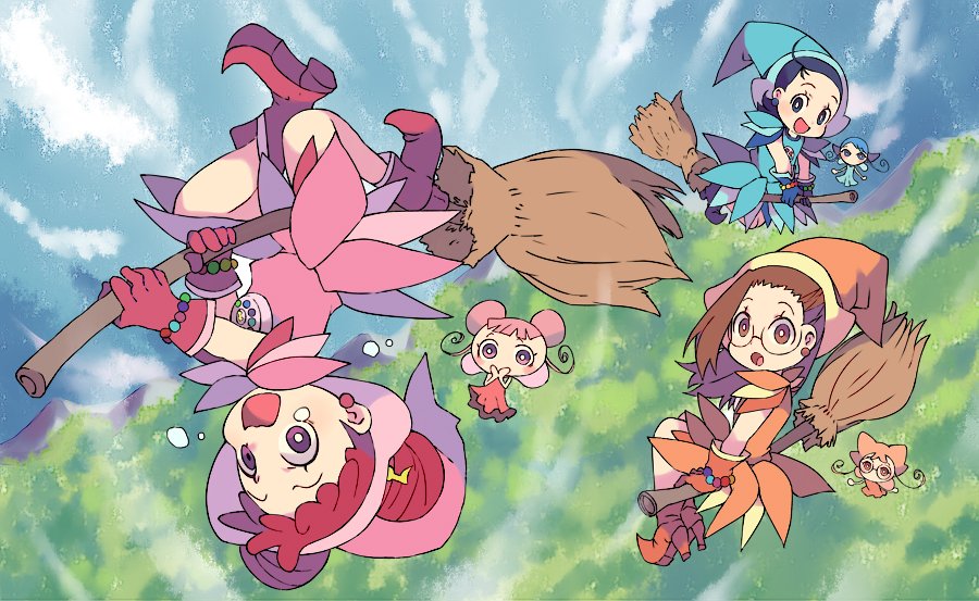 3girls :d :o ahoge blue_dress blue_eyes blue_gloves blue_hair blue_headwear blue_sky broom broom_riding brown_eyes brown_hair commentary_request dodo_(ojamajo_doremi) double_bun dress earrings fairy falling fujiwara_hazuki full_body glasses gloves hair_bun harukaze_doremi hat jewelry long_hair looking_at_another magical_girl mimi_(ojamajo_doremi) miyata_(lhr) multiple_girls ojamajo_doremi open_mouth orange_dress orange_footwear orange_gloves orange_headwear outdoors pink_dress pink_eyes pink_footwear pink_gloves pink_headwear pointy_footwear red_hair rere_(ojamajo_doremi) round_eyewear scared senoo_aiko short_bangs short_hair sitting sky smile tears upside-down wide-eyed witch_hat