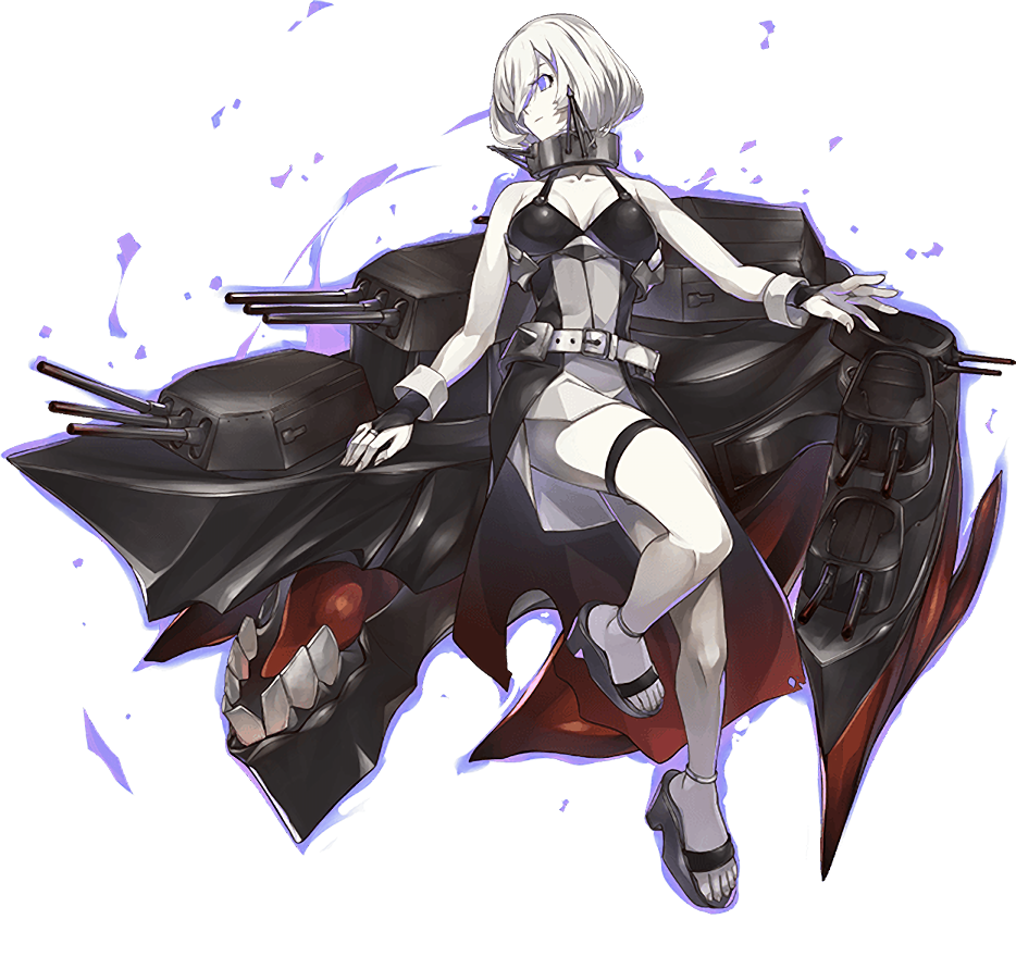 1girl abyssal_ship barefoot belt breasts bridal_gauntlets closed_mouth colored_skin european_little_sister_princess full_body kantai_collection konishi_(koconatu) large_breasts official_art pale_skin purple_eyes sandals short_hair solo thigh_strap transparent_background turret white_belt white_hair white_skin