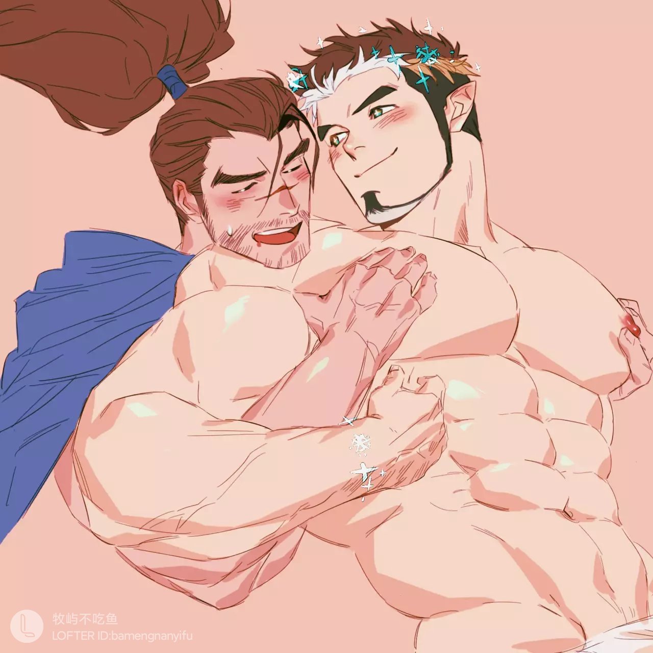 2boys abs bara blush brown_hair couple drooling facial_hair goatee grabbing grabbing_from_behind head_on_another's_shoulder head_rest highres large_pectorals league_of_legends long_hair long_sideburns looking_at_another male_focus mature_male mouth_drool multicolored_hair multiple_boys muscular muscular_male muyu_(muyu824127) navel nipples pectoral_grab pectorals pointy_ears ponytail sideburns smile snowflakes sparkling_eyes stomach thick_eyebrows tokyo_afterschool_summoners tomte_(housamo) two-tone_hair unfinished upper_body veiny_crotch white_hair yaoi yasuo_(league_of_legends)