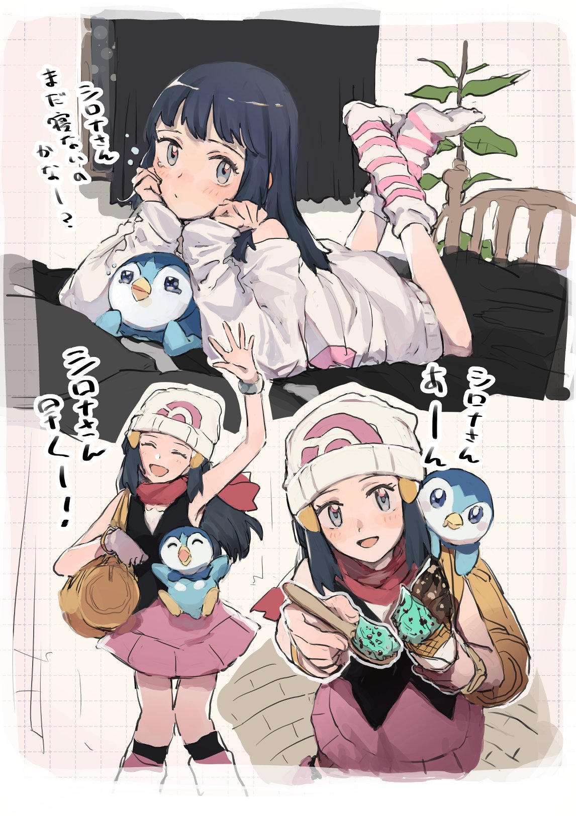 1girl bag beanie blue_eyes blue_hair blush chikiso commentary_request dawn_(pokemon) duffel_bag eyelashes floating_scarf food hair_ornament hairclip hat highres holding holding_food long_hair multiple_views on_shoulder open_mouth pink_footwear pink_skirt piplup poke_ball_print poke_ball_symbol pokemon pokemon_(anime) pokemon_(creature) pokemon_dppt pokemon_dppt_(anime) pokemon_on_shoulder pokemon_platinum poketch red_scarf scarf shirt skirt sleeveless smile socks watch white_headwear wristwatch