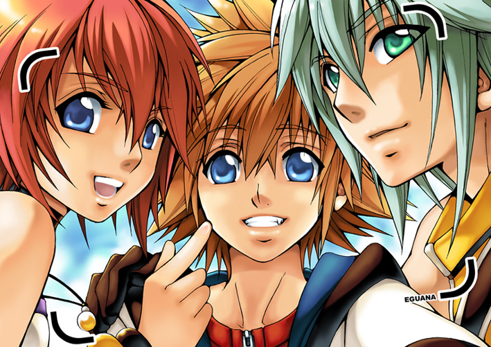 1girl 2boys black_gloves blue_eyes brown_hair cloud cloudy_sky day eguana facing_viewer gem gloves green_eyes grey_hair grin hand_on_another's_shoulder hand_up hood hooded_jacket jacket jewelry kairi_(kingdom_hearts) kingdom_hearts looking_at_viewer medium_hair multiple_boys necklace open_mouth outdoors red_hair riku_(kingdom_hearts) selfie short_hair sky sleeveless smile sora_(kingdom_hearts) spiked_hair vest viewfinder yellow_gemstone yellow_vest