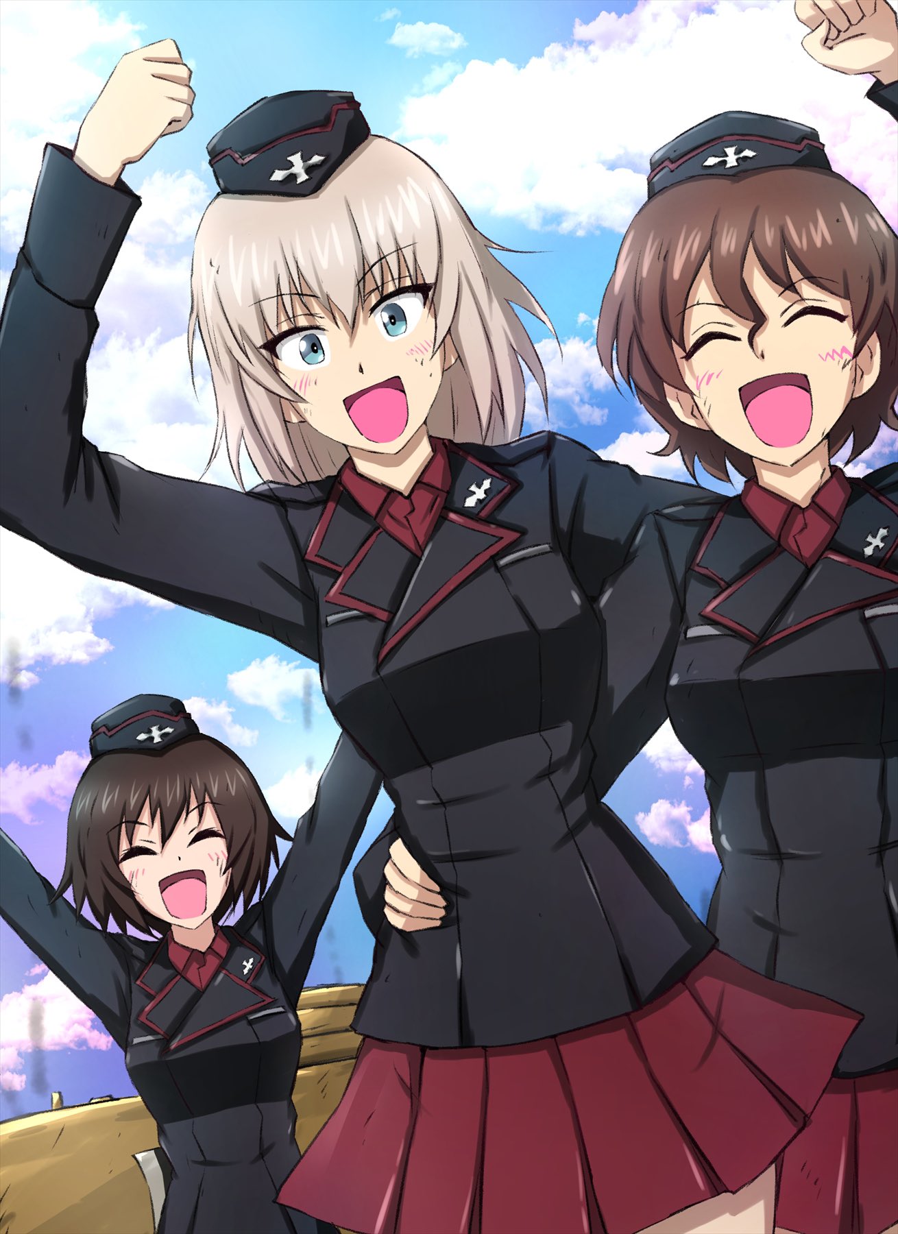 :d akaboshi_koume arm_around_waist arm_up arms_up black_headwear black_jacket blue_eyes blue_sky brown_hair clenched_hand closed_eyes cloud cloudy_sky commentary day dirty dirty_face dress_shirt dutch_angle garrison_cap girls_und_panzer grey_hair hat highres insignia itsumi_erika jacket kuromorimine_military_uniform long_sleeves looking_at_viewer mauko_(girls_und_panzer) medium_hair military_hat military_uniform military_vehicle miniskirt motor_vehicle omachi_(slabco) open_mouth outdoors pleated_skirt red_shirt red_skirt shirt short_hair skirt sky smile standing tank uniform wavy_hair wing_collar