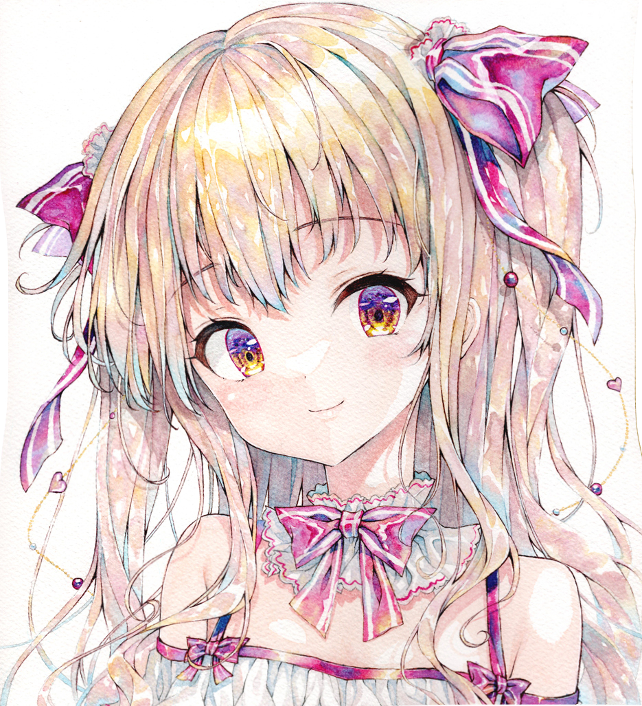 1girl bare_shoulders blonde_hair bow closed_mouth commentary_request grey_background hair_bow long_hair looking_at_viewer mizuki_yuuma off-shoulder_shirt off_shoulder original painting_(medium) red_bow shirt smile solo traditional_media two_side_up upper_body watercolor_(medium) white_shirt