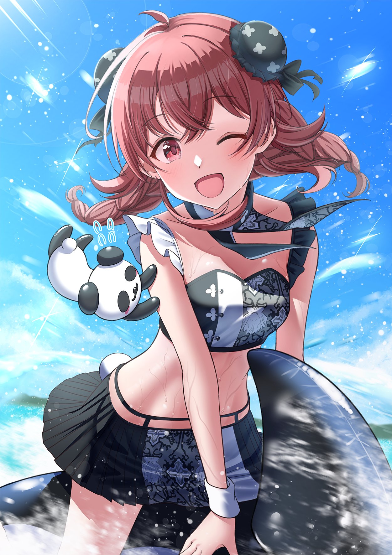 1girl ahoge bikini bikini_skirt black_bikini blue_sky blush braid breasts commentary cowboy_shot day detached_collar double_bun flying_sweatdrops frilled_bikini frills hair_between_eyes hair_bun hat highres idolmaster idolmaster_shiny_colors inflatable_dolphin inflatable_toy komiya_kaho looking_at_viewer medium_breasts medium_hair mob_cap ocean one_eye_closed open_mouth osoba_susurukun outdoors panda print_bikini print_skirt red_eyes red_hair sidelocks skirt sky smile sparkle stomach sunlight swimsuit thighs twin_braids water_drop wet wristband