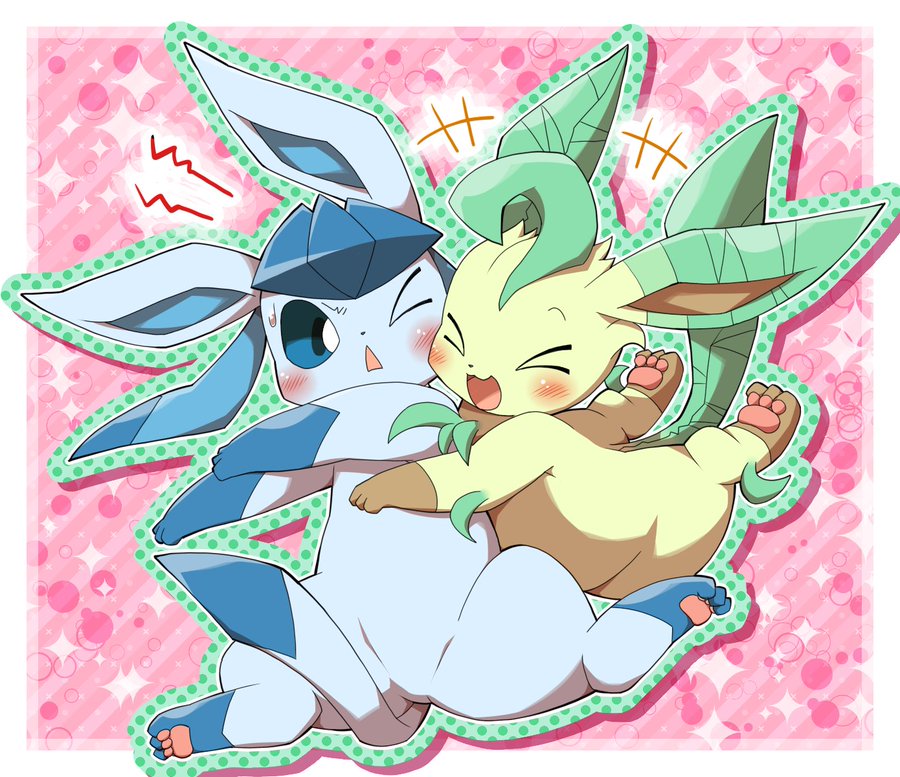 2017 ambiguous_gender blush bodily_fluids duo eeveelution evil_anaunara feral generation_4_pokemon glaceon leafeon nintendo open_mouth pink_background pokemon pokemon_(species) simple_background surprise_hug sweat