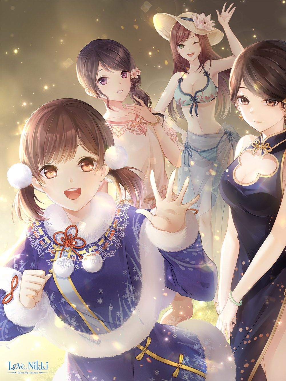 4girls abstract_background bikini black_dress blue_bikini blue_jacket blue_shawl blue_skirt blush breasts brown_eyes brown_hair china_dress chinese_clothes cleavage collarbone dress earrings english_commentary hat highres jacket jewelry long_hair looking_at_viewer medium_breasts miracle_nikki multiple_girls official_art one_eye_closed open_mouth pink_dress shawl siblings sisters skirt smile straw_hat swimsuit teeth tongue twintails waving