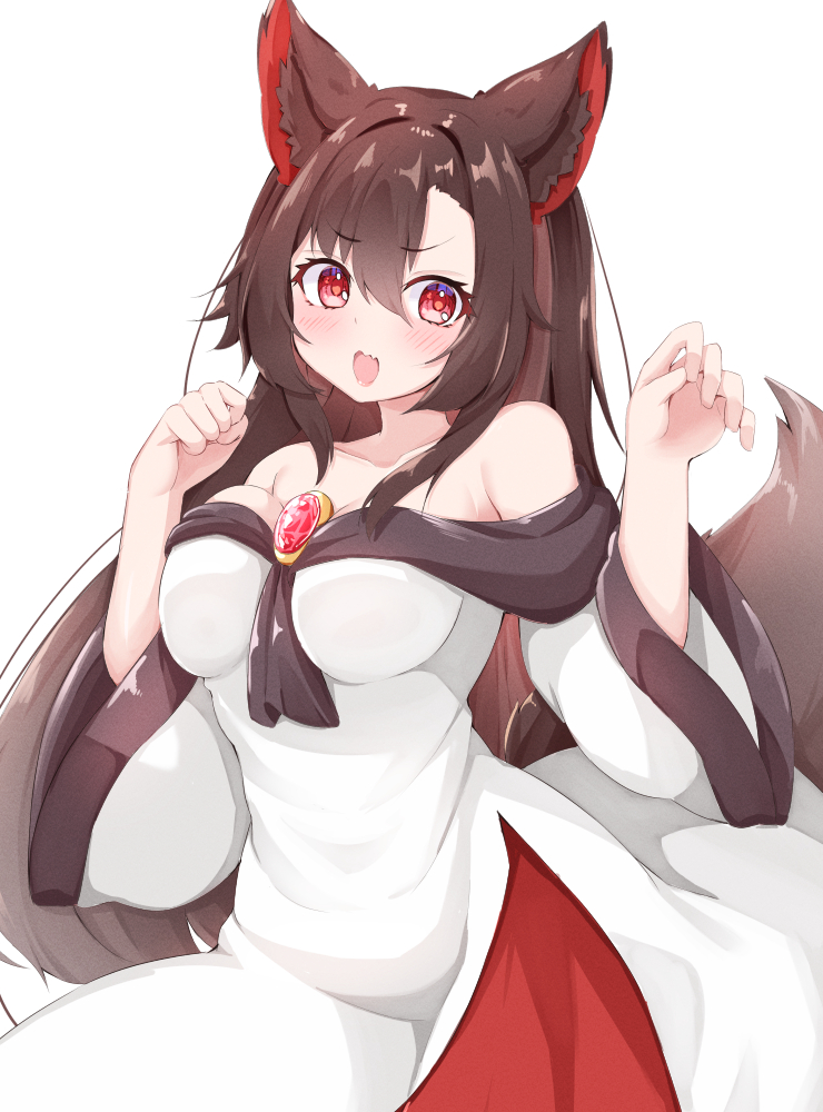 1girl animal_ears blush breasts brooch brown_hair dress imaizumi_kagerou jewelry large_breasts long_hair long_sleeves multicolored_clothes multicolored_dress open_mouth red_dress red_eyes rururiaru simple_background smile solo tail touhou white_background white_dress wolf_ears wolf_tail