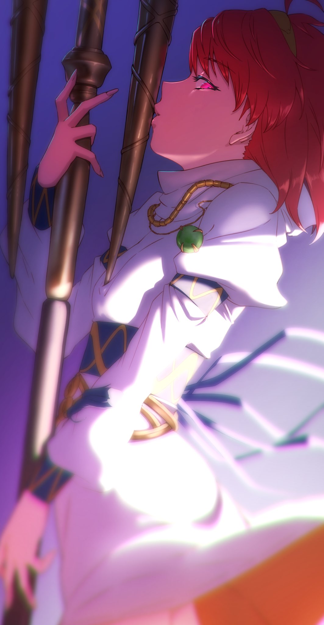 1girl aduti_momoyama ahoge bloom blurry depth_of_field dress fire_emblem fire_emblem:_mystery_of_the_emblem fire_emblem_heroes highres jewelry long_sleeves looking_at_viewer maria_(fire_emblem) necklace parted_lips purple_background red_eyes red_hair short_hair sidelighting simple_background solo tassel white_dress