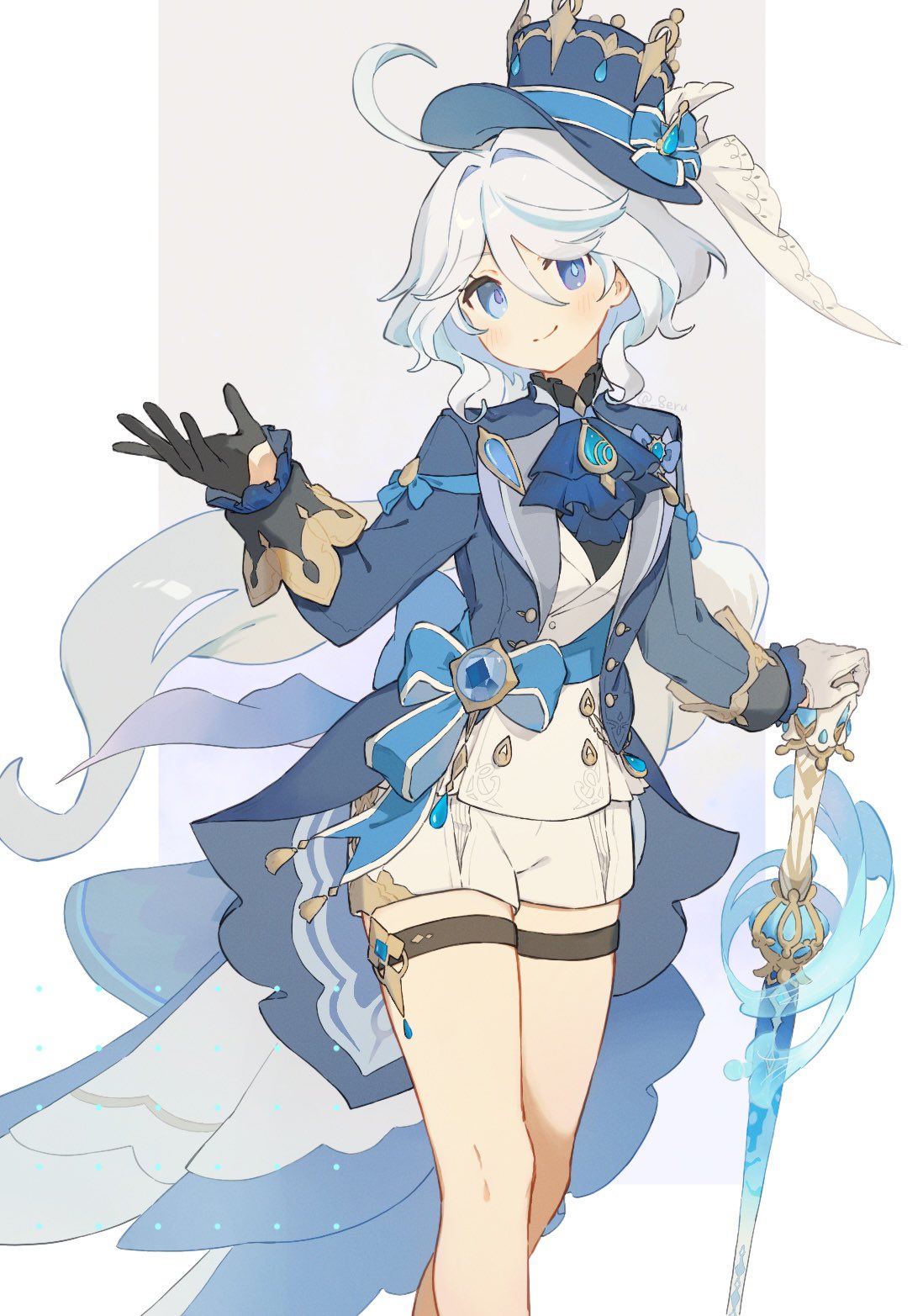 1girl ahoge ascot asymmetrical_gloves black_gloves blue_ascot blue_brooch blue_eyes blue_gemstone blue_hair blue_headwear blue_jacket cane closed_mouth drop-shaped_pupils erua_(_8eru) feet_out_of_frame furina_(genshin_impact) gem genshin_impact gloves hat heterochromia highres holding holding_cane jacket long_hair long_sleeves looking_at_viewer mismatched_gloves mismatched_pupils multicolored_hair shorts simple_background smile solo streaked_hair thigh_strap top_hat weapon white_gloves white_hair white_shorts