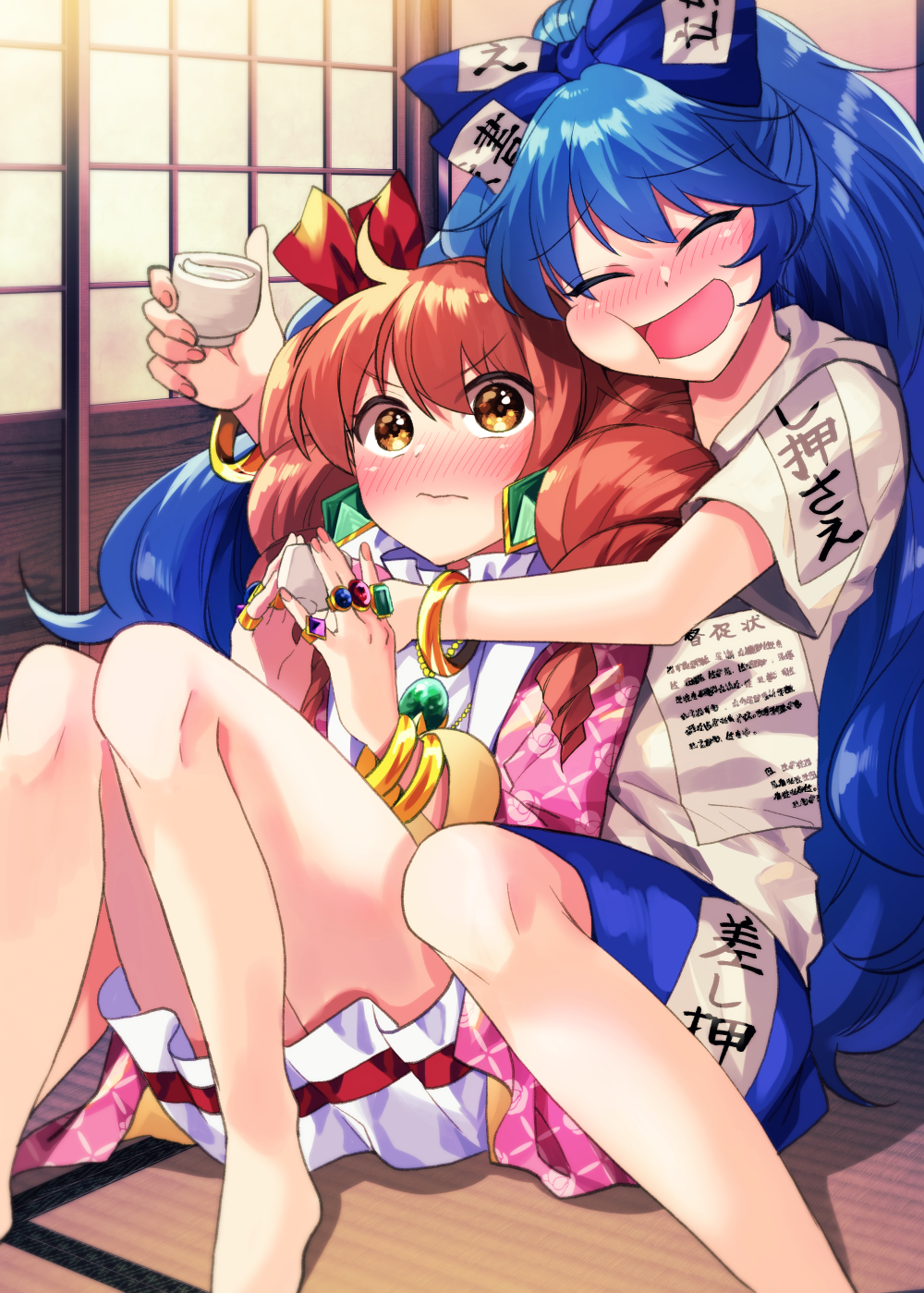 2girls alcohol bangle barefoot blue_bow blue_hair blush bow bracelet cheek_press choko_(cup) closed_eyes commentary_request cup debt drill_hair drunk gem hair_bow highres indoors jewelry katayama_kei long_hair multiple_girls multiple_rings necklace no_headwear open_mouth orange_hair pendant ring sake shouji siblings sisters sliding_doors tatami touhou twin_drills wavy_mouth yellow_eyes yorigami_jo'on yorigami_shion