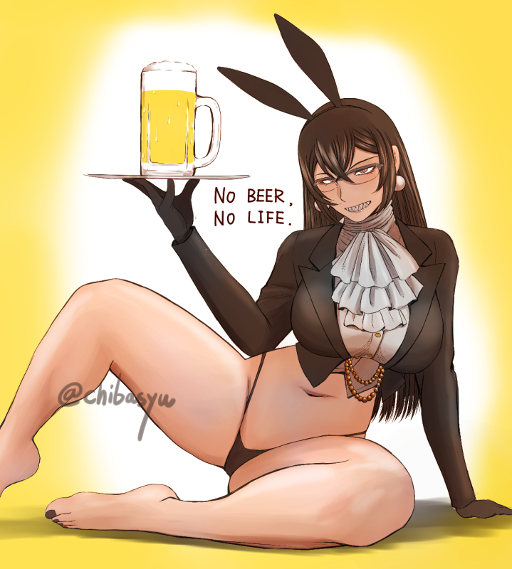 1girl arm_support bare_legs barefoot beer_mug black_gloves black_hairband black_jacket black_nails black_panties breasts brown_hair bunny_day character_request chiba_shuusaku copyright_request cropped_jacket cropped_shirt crossed_bangs cup earrings english_text feet foot_out_of_frame glasses gloves hair_between_eyes hairband highleg highleg_panties holding jacket jewelry knee_up large_breasts leaning_to_the_side legs long_sleeves looking_at_viewer mug nail_polish navel panties sharp_teeth shirt solo stomach teeth thighs toenail_polish toenails toes twitter_username two-tone_background underwear white_background white_shirt yellow_background