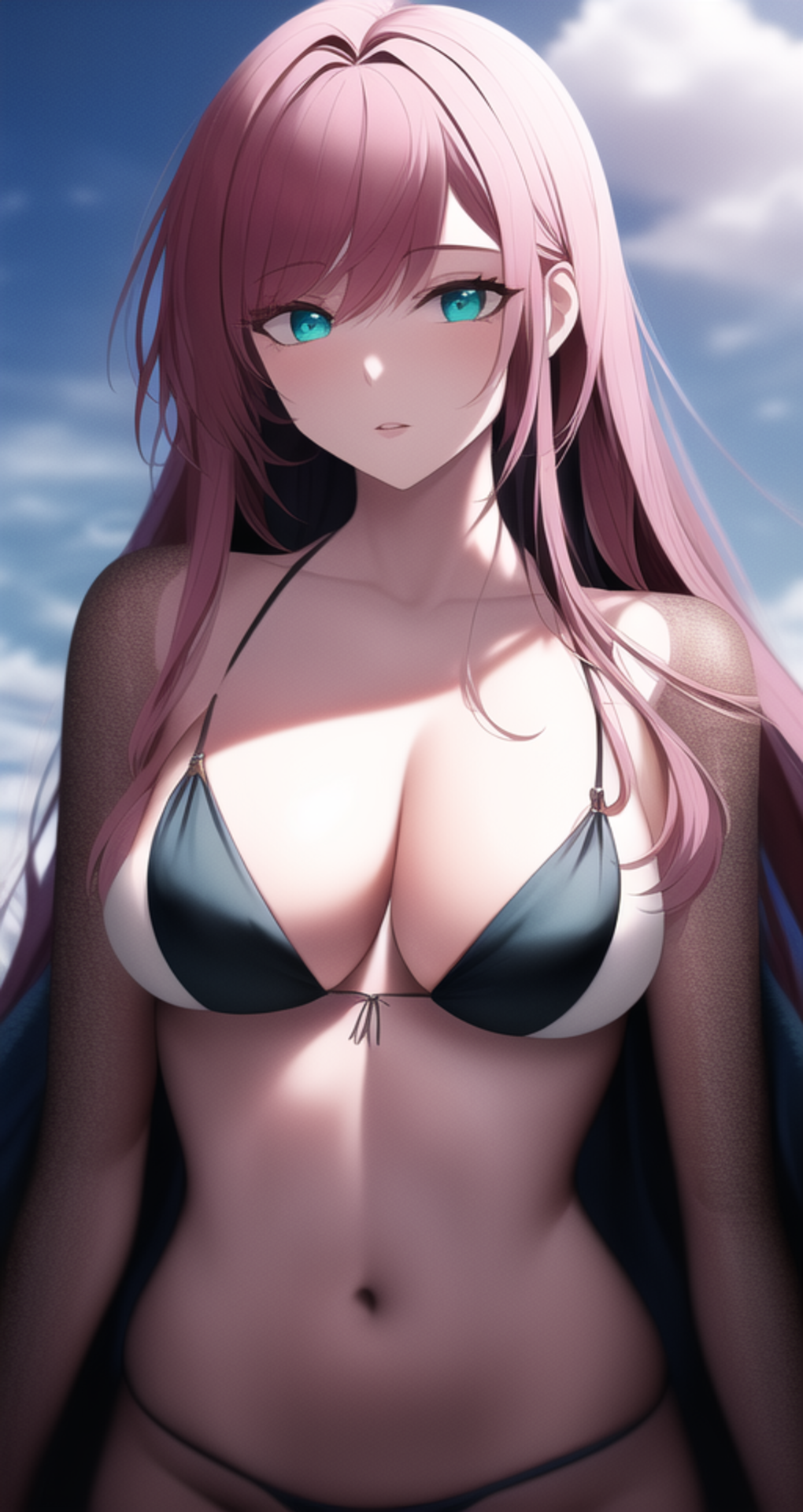 1girl ai-generated aqua_eyes artist_request bikini black_bikini blue_sky character_request check_character cloud copyright_request deviantart dress highres looking_at_viewer midriff navel non-web_source pink_hair sky source_request swimsuit