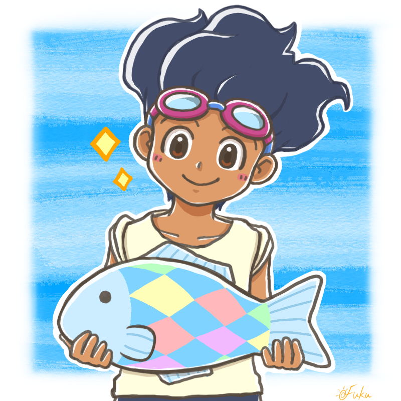 1boy animal black_hair blue_background blue_shorts blush border brown_eyes collarbone dark-skinned_male dark_skin fish fuku86u goggles goggles_on_head hamano_kaiji holding holding_animal holding_fish inazuma_eleven inazuma_eleven_(series) male_focus shirt short_sleeves shorts sleeves_rolled_up smile solo sparkle upper_body white_border white_shirt