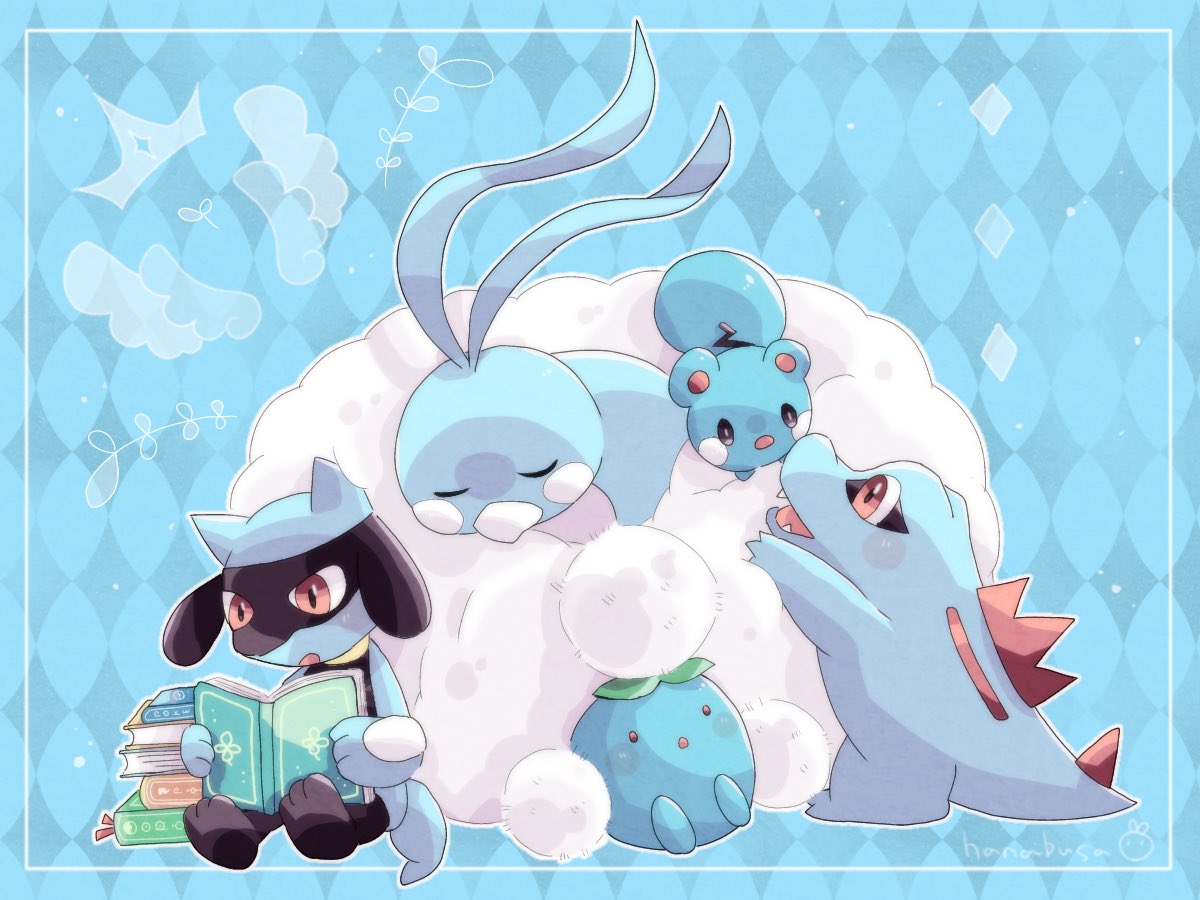 :o altaria animal_focus azurill bird blue_background blue_skin book book_stack border cloud colored_skin commentary_request crocodilian crown hanabusaoekaki holding holding_book no_humans oddish open_book patterned_background pokemon pokemon_(creature) reading red_eyes riolu sharp_teeth solid_oval_eyes teeth totodile white_border