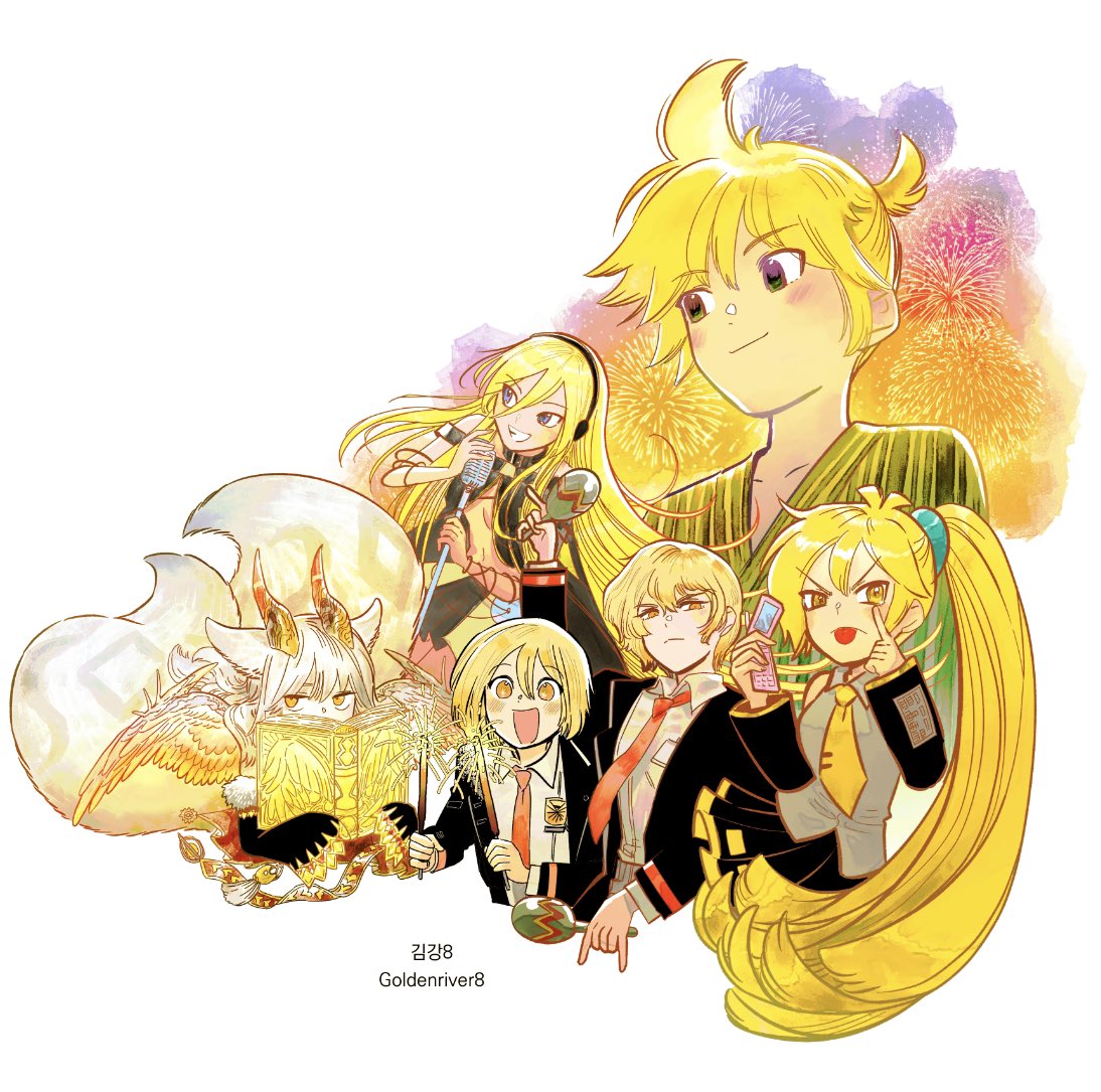 2boys 4girls akanbe akita_neru alternate_costume animal_ears artist_name black_collar black_jacket black_shirt black_skirt black_sleeves blazer blonde_hair blue_eyes blush book breasts cellphone collar color_wheel_challenge commentary_request covered_mouth cropped_torso detached_sleeves don_quixote_(limbus_company) eyelid_pull feathered_wings fireworks flapper_shirt flip_phone glaring goldenriver8 green_eyes grey_shirt grin hair_between_eyes half-closed_eyes high_ponytail holding holding_book holding_fireworks holding_instrument holding_microphone holding_microphone_stand holding_phone horns id_card ilmina_(p&amp;d) instrument jacket japanese_clothes kagamine_rin kimono korean_commentary korean_text light_frown lily_(vocaloid) limbus_company long_hair looking_at_viewer maracas medium_breasts microphone microphone_stand monster_girl multiple_boys multiple_drawing_challenge multiple_girls multiple_tails necktie open_book orange_eyes phone pleated_skirt project_moon puzzle_&amp;_dragons red_necktie serious shirt short_hair short_ponytail side_ponytail sinclair_(limbus_company) skirt sleeveless sleeveless_shirt sleeves_past_fingers sleeves_past_wrists smile sparkler striped striped_kimono tail tongue tongue_out tsurime v-shaped_eyebrows very_long_hair white_hair wings yellow_eyes yellow_necktie yellow_theme