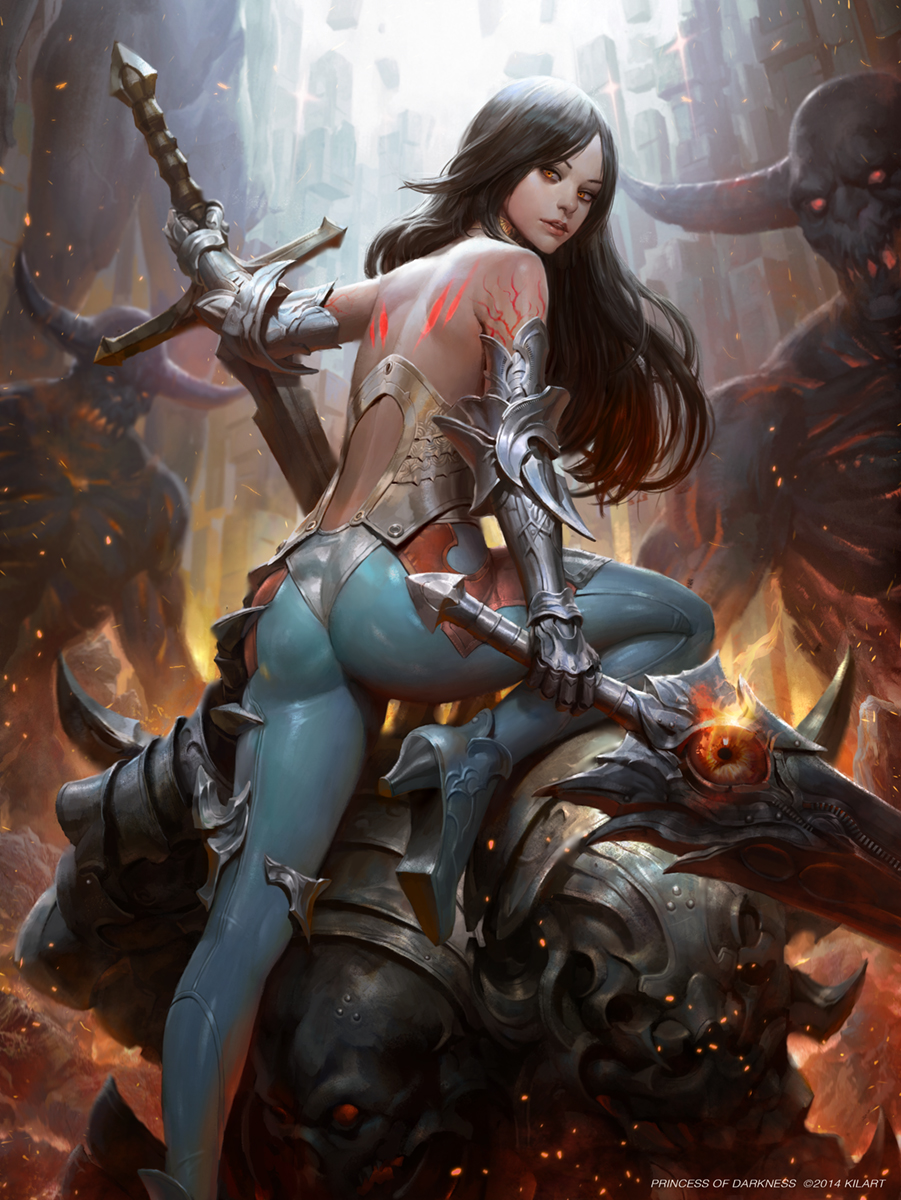 1girl ankle_boots armor ass back bare_shoulders black_hair boots commentary demon dual_wielding english_commentary foot_out_of_frame gauntlets high_heel_boots high_heels highres holding huge_weapon kilart lips long_hair looking_back nose orange_eyes original pants planted planted_sword revision skin_tight solo_focus sword tattoo weapon