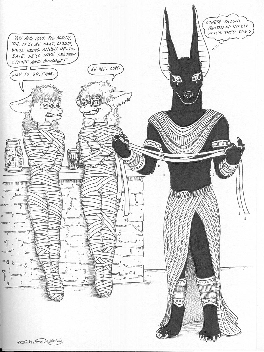 against_surface against_wall anthro anubian_jackal anubis bdsm bondage bound canid canine canis deity egyptian_mythology female group hi_res jackal james_m_hardiman male male/female mammal middle_eastern_mythology mouse mousey_love_girls mummification mummy mummy_wrappings murid murine mythology nervous nervous_smile rodent speech_bubble thought_bubble trio undead wrapped_up wrappings