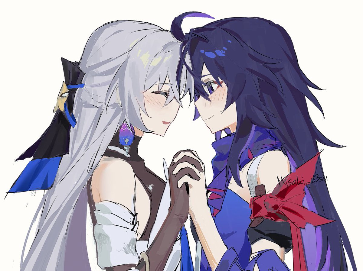 2girls ahoge artist_name bangs bare_shoulders black_hair black_sleeves blush bronya_rand brown_gloves closed_eyes closed_mouth commentary detached_sleeves elbow_gloves facing_another from_side gloves grey_hair hair_between_eyes holding_hands honkai:_star_rail honkai_(series) interlocked_fingers long_hair looking_at_another misaki_d3su multiple_girls parted_lips profile puffy_short_sleeves puffy_sleeves purple_eyes seele_(honkai:_star_rail) short_sleeves signature simple_background smile upper_body very_long_hair white_background yuri