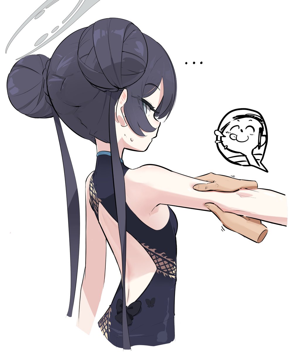 ... :p arona's_sensei_doodle_(blue_archive) backless_dress backless_outfit black_hair blue_archive china_dress chinese_clothes cowboy_shot domado double_bun dragon_print dress hair_bun halo highres holding_another's_arm kisaki_(blue_archive) long_hair saliva sensei_(blue_archive) tongue tongue_out twintails