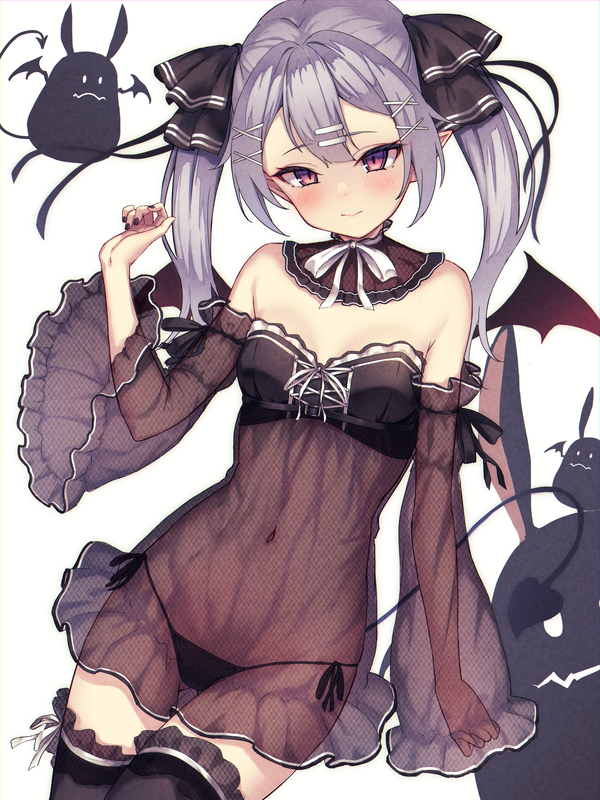 1girl bare_shoulders black_panties black_thighhighs blush breasts closed_mouth commentary_request demon_girl demon_tail demon_wings detached_sleeves dress grey_hair hair_ornament hairclip hand_up long_sleeves mini_wings navel original panties red_eyes red_wings ryuinu see-through see-through_sleeves side-tie_panties simple_background small_breasts solo strapless strapless_dress tail thighhighs twintails underwear white_background wide_sleeves wings x_hair_ornament