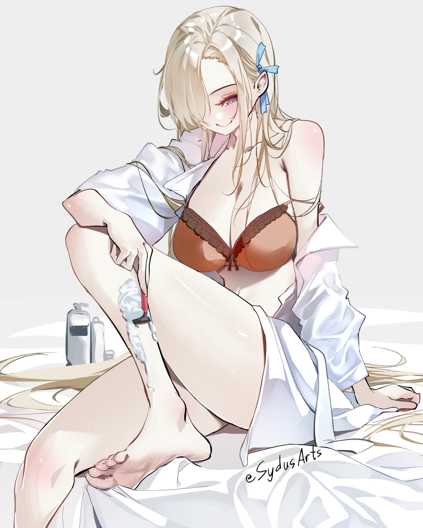 1girl arm_support armpit_crease asuna_(blue_archive) bare_legs barefoot bed_sheet blonde_hair blue_archive blue_ribbon bra breasts eyelashes feet foot_out_of_frame grey_background hair_over_one_eye hair_ribbon huge_breasts knee_up lace-trimmed_bra lace_trim legs long_hair long_sleeves off_shoulder open_clothes open_shirt parted_bangs red_bra ribbon shaving_leg single_bare_shoulder sitting smile soles solo sydus thighs toenails toes twitter_username underwear