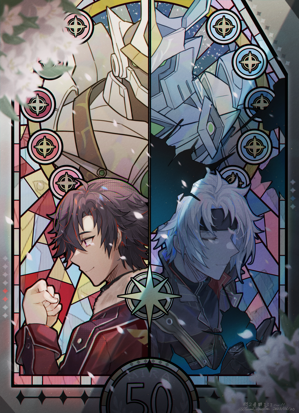 2boys black_hair broken_window closed_eyes coat crow_armbrust eiyuu_densetsu flower fur_collar glass gloves headband highres mecha multiple_boys ordine petals purple_eyes rean_schwarzer robot sen_no_kiseki sen_no_kiseki_ii smile stained_glass valimar white_hair youmicitrustea