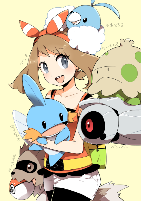 1girl :d alternate_color beldum belt belt_buckle bike_shorts brown_hair buckle commentary_request fanny_pack grey_eyes may_(pokemon) mudkip niimura_(csnel) on_head open_mouth pokemon pokemon_(creature) pokemon_(game) pokemon_on_head pokemon_oras shiny_pokemon shirt shorts shroomish sleeveless sleeveless_shirt smile swablu teeth tongue translation_request upper_teeth_only venus_symbol white_shorts yellow_bag yellow_belt zigzagoon