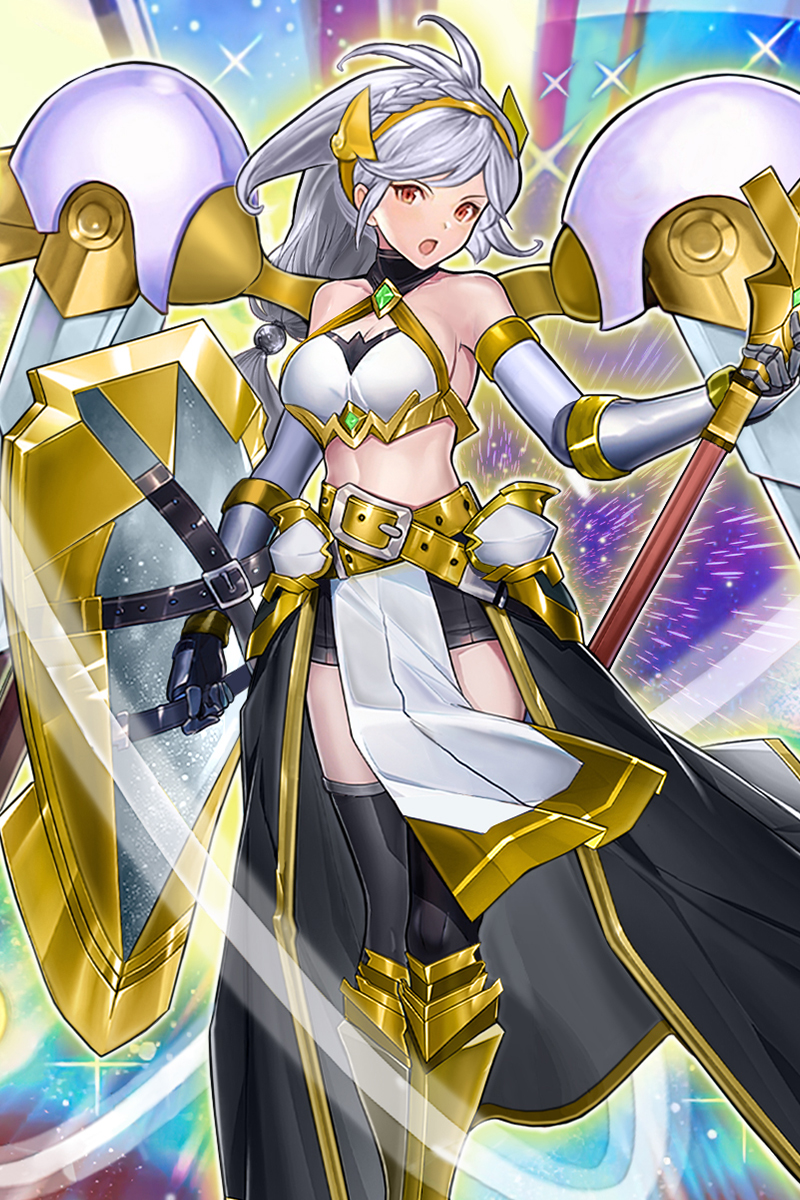 1girl aries_qianyu arm_guards armor armored_skirt armpits artificial_wings bare_shoulders belt belt_buckle bikini_armor black_skirt breasts buckle cleavage cleavage_cutout clenched_hand clothing_cutout detached_sleeves duel_monster feet_out_of_frame gem gold_armor green_gemstone grey_hair highres holding holding_shield holding_weapon humanization kneehighs long_hair medium_breasts midriff navel number_39_utopia open_mouth orange_eyes pelvic_curtain ponytail shield shin_guards skirt socks solo standing sword thighs weapon white_armor yu-gi-oh!