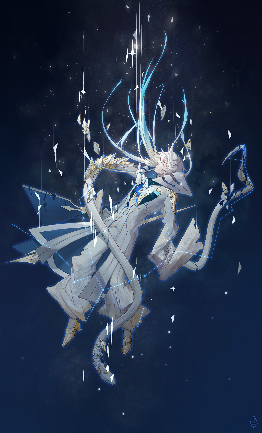1boy asclepius_(fate) bell-bottoms blue_hair closed_eyes closed_mouth coat constellation crack falling fate/grand_order fate_(series) full_body gradient_hair hair_between_eyes highres hood hood_down hooded_coat male_focus multicolored_hair ophiuchus_(constellation) pants profile shards shirt shoes short_hair_with_long_locks sky sleeves_past_fingers sleeves_past_wrists snake solo star_(sky) starry_sky thedaw0 white_coat white_hair white_pants white_shirt white_snake yellow_footwear