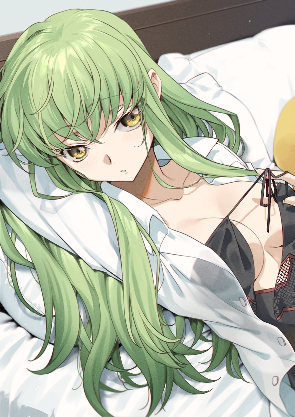 1girl bed black_bra bra breasts c.c. cleavage code_geass collarbone creayus green_hair highres long_bangs long_hair looking_at_viewer medium_breasts open_clothes open_mouth pillow shirt solo underwear white_shirt yellow_eyes
